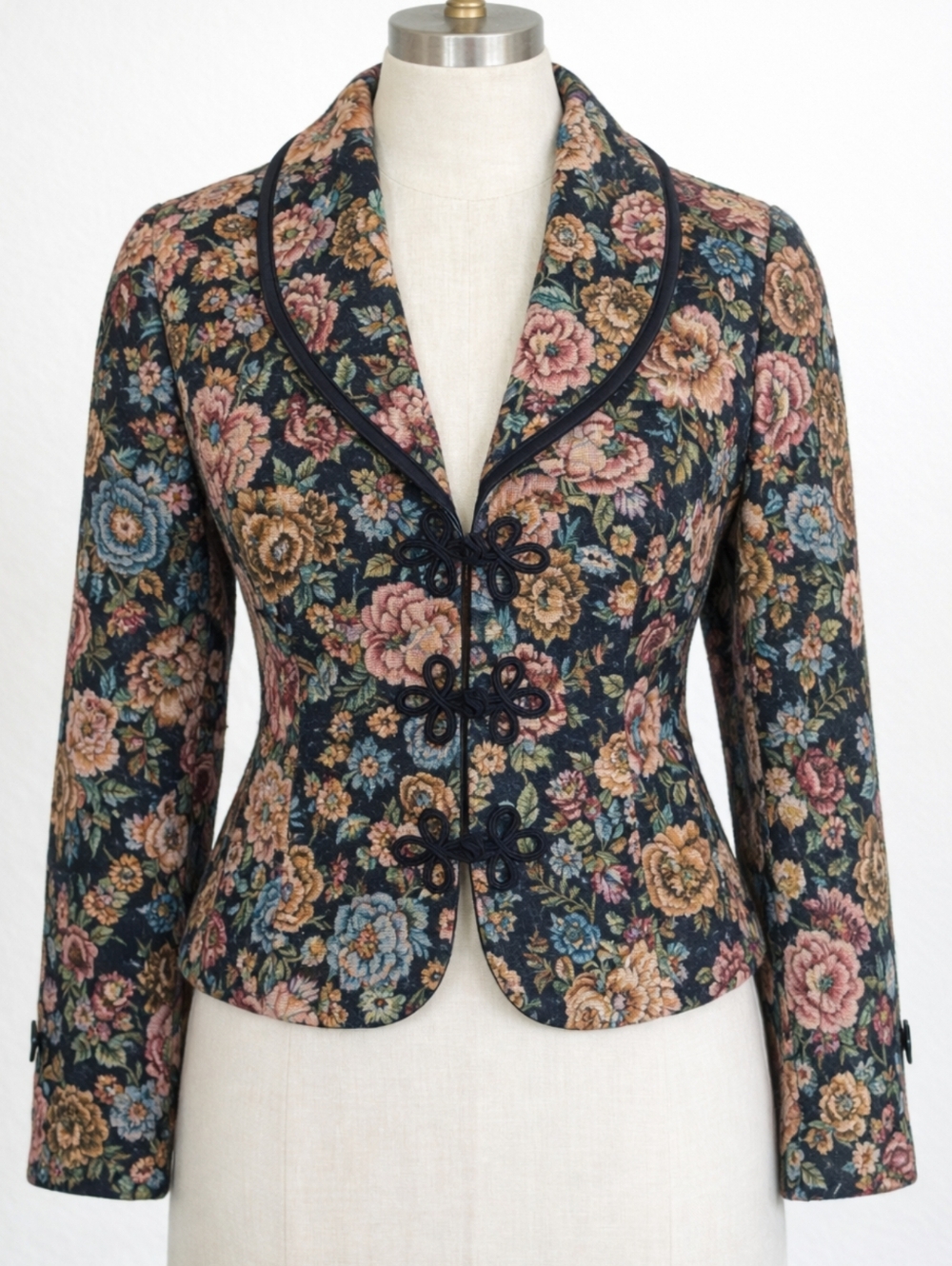Vintage 80s Tapestry Black Floral Blazer Jacket Cottagecore Grandmacore | SIZE 6 - Picture 1 of 15